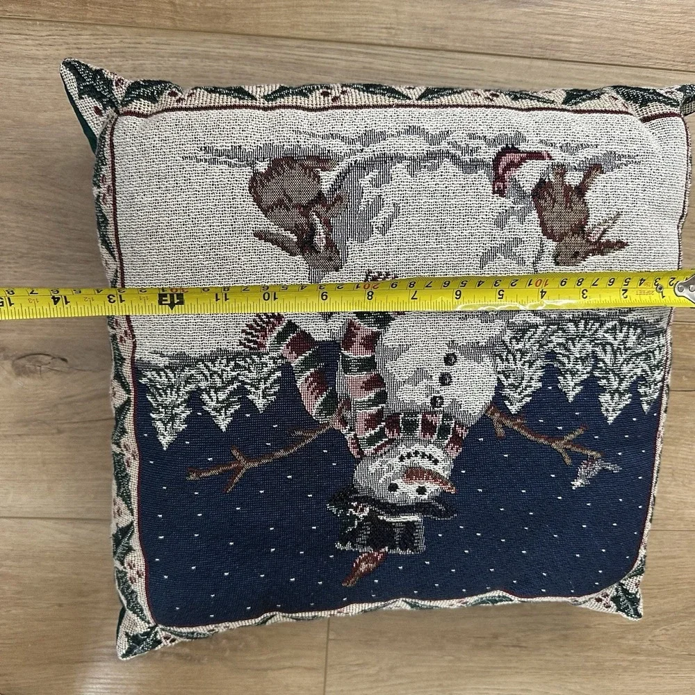 VTG 90s Christmas Tapestry Snowman Forest Throw Pillow 13x14 Cottagecore Country